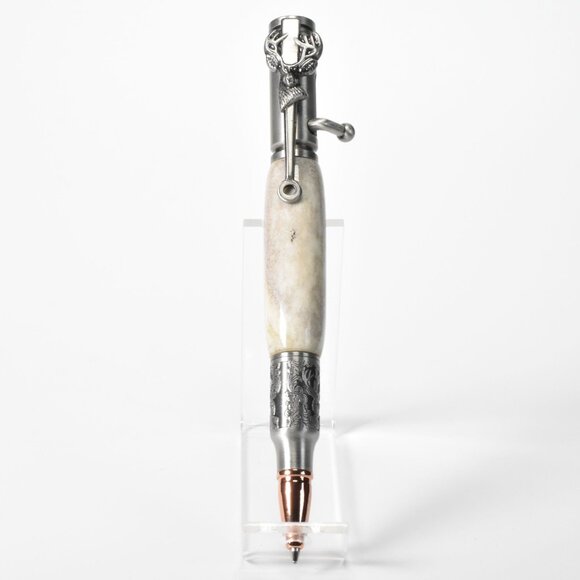 Hand Made Deer Hunter Bolt Action Pen in Antique Pewter with Deer Antler Body - Picture 2 of 11